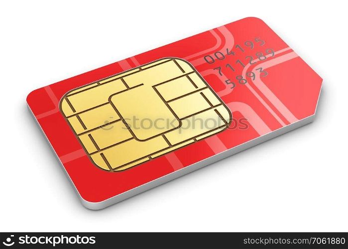 Creative abstract mobile telecommunication, wireless technology and mobility business concept  macro view of single red SIM card for mobile phone or smartphone isolated on white background