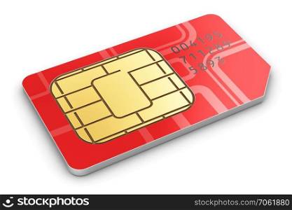 Creative abstract mobile telecommunication, wireless technology and mobility business concept  macro view of single red SIM card for mobile phone or smartphone isolated on white background