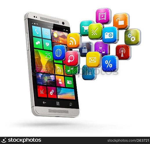 Creative abstract mobile web applications, business software and social media networking service internet concept: modern black glossy touchscreen smartphone with cloud of color application icons isolated on white background