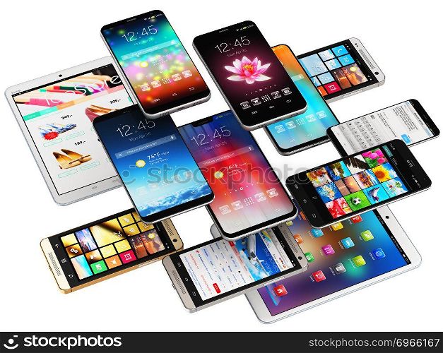 Creative abstract mobility and digital wireless communication technology business concept: 3D render illustration of the group of tablet computer PC and modern touchscreen smartphones or mobile phone electronic gadget devices with various internet applications and web apps with color interface and colorful icons and buttons isolated on white background