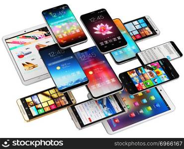 Creative abstract mobility and digital wireless communication technology business concept: 3D render illustration of the group of tablet computer PC and modern touchscreen smartphones or mobile phone electronic gadget devices with various internet applications and web apps with color interface and colorful icons and buttons isolated on white background