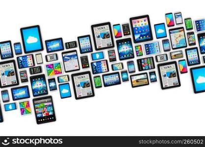 Creative abstract mobility and digital wireless communication technology business concept: group of tablet computer PC and modern touchscreen smartphones or mobile phones with colorful display screen interfaces with icons and buttons isolated on white background
