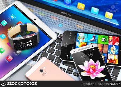 Creative abstract mobility and modern internet business communication technology web concept: 3D render illustration of macro view of modern mobile devices - black glossy touchscreen smartphone or mobile phone, tablet computer PC, laptop or notebook and smartwatch or clock or fitness tracker with colorful screen interfaces with icons and buttons with selective focus effect