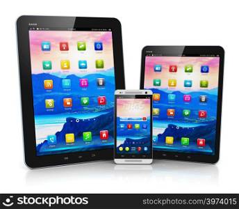 Creative abstract mobility and modern telecommunication technology business concept: tablet computer, mini tablet PC and metal black glossy touchscreen smartphone with colorful interface isolated on white background with reflection effect
