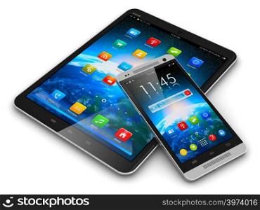 Creative abstract mobility and modern wireless telecommunication technology business concept: tablet computer PC and metal black glossy touchscreen smartphone with colorful interface isolated on white background