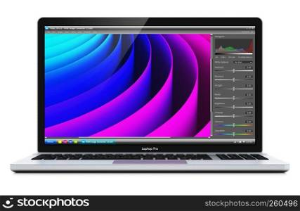 Creative abstract mobility PC computer web technology and internet communication concept: 3D render illustration of modern aluminum business laptop or metal silver office notebook with color screen interface of photo editor software application or app isolated on white background