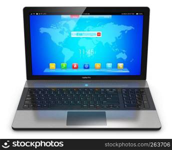 Creative abstract mobility PC computer web technology and internet communication concept: 3D render illustration of modern aluminum business laptop or metal silver office notebook with color screen interface with application icons and app buttons isolated on white background