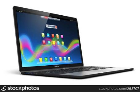 Creative abstract mobility PC computer web technology and internet communication concept: 3D render illustration of modern aluminum business laptop or metal silver office notebook with color screen interface with application icons and app buttons isolated on white background