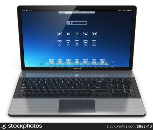 Creative abstract mobility PC computer web technology and internet communication concept: 3D render illustration of modern aluminum business laptop or metal silver office notebook with color screen interface with application icons and app buttons isolated on white background