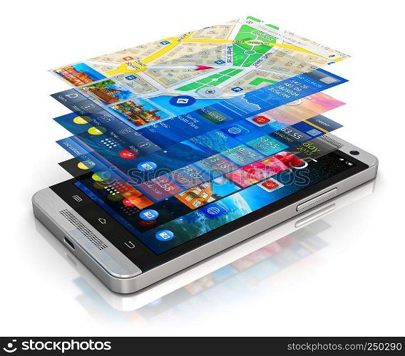 Creative abstract mobility, wireless communication and app downloading internet web business concept: modern metal black glossy touchscreen smartphone with group of colorful application screen interfaces with color icons and buttons isolated on white background with reflection effect