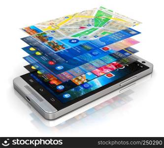 Creative abstract mobility, wireless communication and app downloading internet web business concept: modern metal black glossy touchscreen smartphone with group of colorful application screen interfaces with color icons and buttons isolated on white background with reflection effect