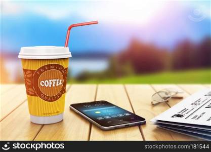 Creative abstract modern business on the move and online communication technology internet web media concept: 3D render illustration of the paper disposable cup or mug of fresh hot coffee drink, touchscreen smartphone or mobile phone, newspaper and eyeglasses on the wooden table outdoors in front of beautiful scenic nature landscape with selective focus blur bokeh effect