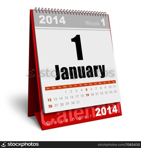 Creative abstract New Year 2014 beginning celebration business concept: red office desktop January 2014 month calendar isolated on white background