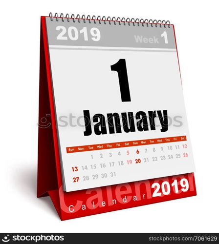 Creative abstract New Year 2019 beginning celebration business concept: 3D render illustration of the red office desktop January 2019 month calendar isolated on white background