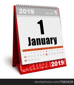 Creative abstract New Year 2019 beginning celebration business concept: 3D render illustration of the red office desktop January 2019 month calendar isolated on white background