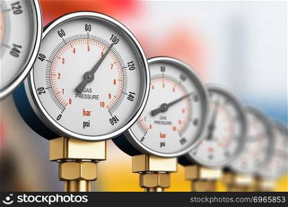 Creative abstract oil and gas fuel manufacturing industry business concept: 3D render illustration of the row of metal steel high pressure gauge meters or manometers with brass fittings on tubing pipeline at LNG or LPG natural gas distribution station plant or factory facility with selective focus effect