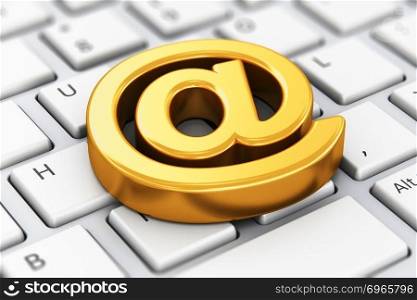 Creative abstract online internet communication and network connection digital technology business web concept: 3D render illustration of shiny golden metallic email AT symbol on computer PC or laptop notebook keyboard with selective focus effect