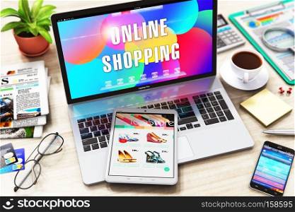 Creative abstract online shopping, internet business and web marketing concept  3D render illustration of laptop with Online Shopping word text message on the office table with other objects - tablet computer PC, smartphone or mobile phone etc.