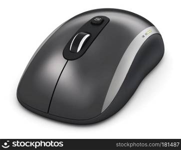 Creative abstract PC technology and business communication digital concept: 3D render illustration of black wireless optical laser computer mouse with scrolling wheel isolated on white background