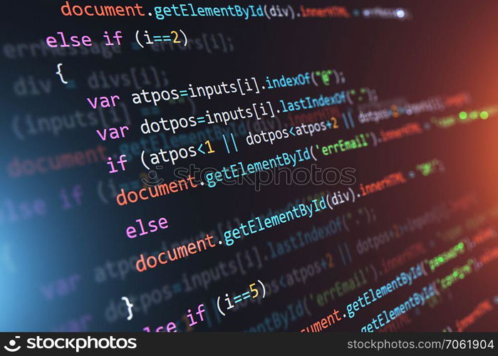 Creative abstract PHP web design, internet programming HTML language and digital computer technology business concept: 3D render illustration of the macro view of software source code on screen monitor with selective focus effect