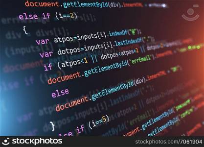 Creative abstract PHP web design, internet programming HTML language and digital computer technology business concept: 3D render illustration of the macro view of software source code on screen monitor with selective focus effect