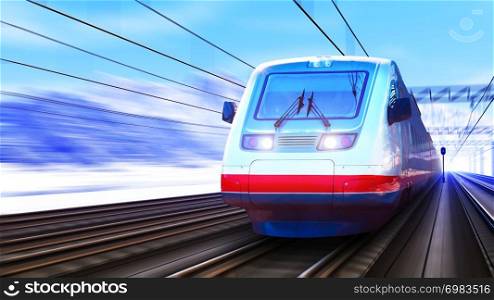Creative abstract railroad travel and railway tourism transportation industrial concept: scenic winter view of modern high speed passenger commuter train on tracks with snow and mountains with motion blur effect