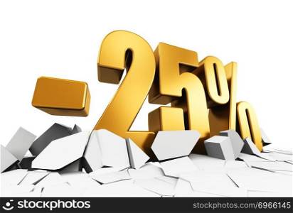 Creative abstract sale and discount business commercial advertisement concept  3D render illustration of golden minus 25 percent price cut off text on cracked surface isolated on white background