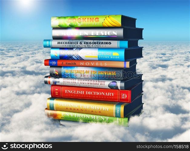 Creative abstract science, knowledge and education concept: 3D render illustration of the stack or pile of color hardcover books in the sky above the clouds