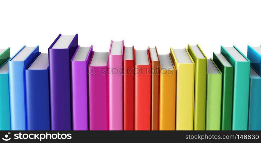 Creative abstract science, knowledge, education, back to school, business and corporate office life concept: rainbow color hardcover books isolated on white background