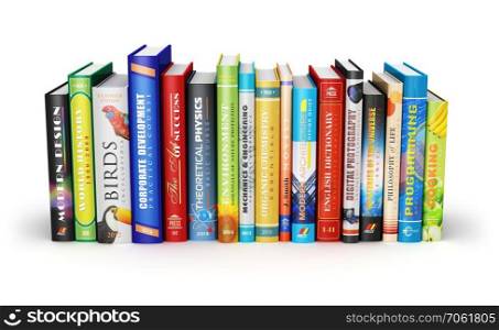 Creative abstract science, knowledge, education, back to school, business and corporate office life concept: color hardcover books isolated on white background
