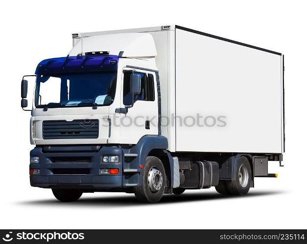 Creative abstract shipping industry, logistics transportation and cargo freight transport industrial business commercial concept: white delivery truck or container auto car trailer isolated on white background