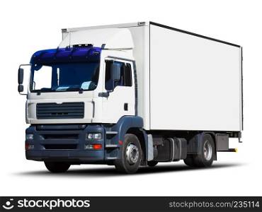 Creative abstract shipping industry, logistics transportation and cargo freight transport industrial business commercial concept: white delivery truck or container auto car trailer isolated on white background