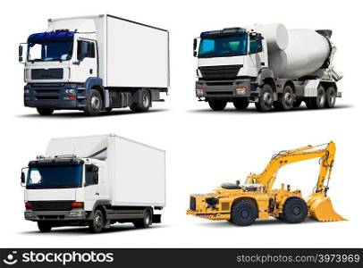 Creative abstract shipping industry, logistics transportation, building and construction, roadworks and cargo freight transport industrial business commercial concept: set of white delivery trucks or container auto car trailers, concrete mixer and yellow heavy backhoe excavator or bulldozer isolated on white background