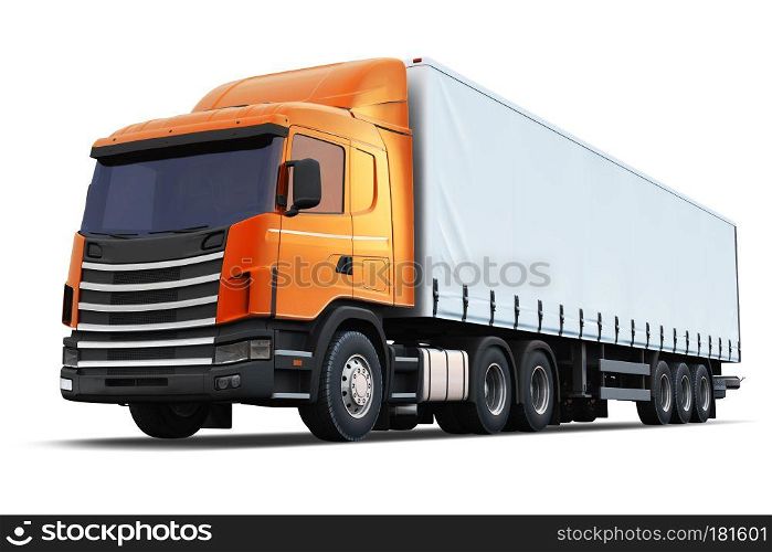 Creative abstract shipping, logistics and freight delivery business commercial concept: 3D render illustration of the orange metallic semi-truck isolated on white background