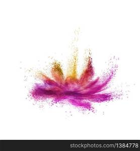 Creative abstract splash from colorful powder or dust in the shape of flower on a white background, copy space.. Colorful powder splash as a flower on a white background.