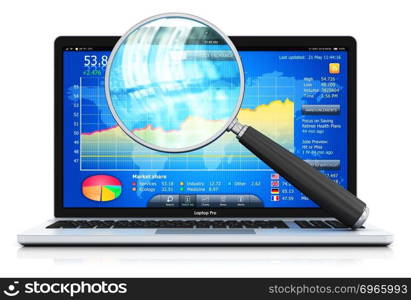 Creative abstract stock exchange market trading, banking and financial business accounting concept: 3D render illustration of the modern metal laptop notebook computer PC with stock market application software app on the screen, display or monitor with magnifying glass or magnifier isolated on white background with reflection effect