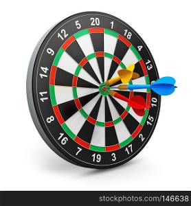 Creative abstract success, leadership and winning competition concept: darts game with dartboard and color arrows isolated on white background