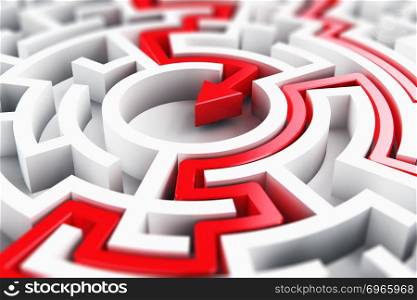 Creative abstract success, perspective vision, marketing, strategy, finding solution and motivation business communication concept: 3D render illustration of the solved round circle labyrinth maze with red arrow path on white background
