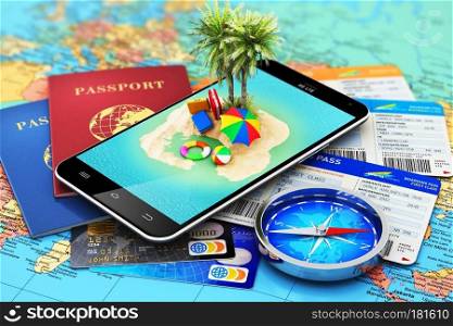 Creative abstract travel, tourism, summer holidays and vacations concept  3D render illustration of modern black glossy touchscreen smartphone with tropical island and palm tree, international biometric passports, air tickets or boarding pass, magnetic compass and color plastic bank credit cards on the world geographic map with selective focus effect