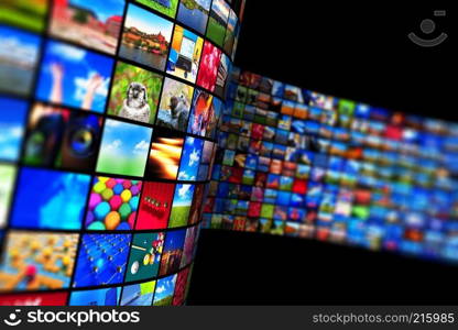 Creative abstract web streaming media TV video service technology, multimedia business internet communication and cinema content production concept: 3D render illustration of black background with endless walls of screens with color photos and colorful displays with different images