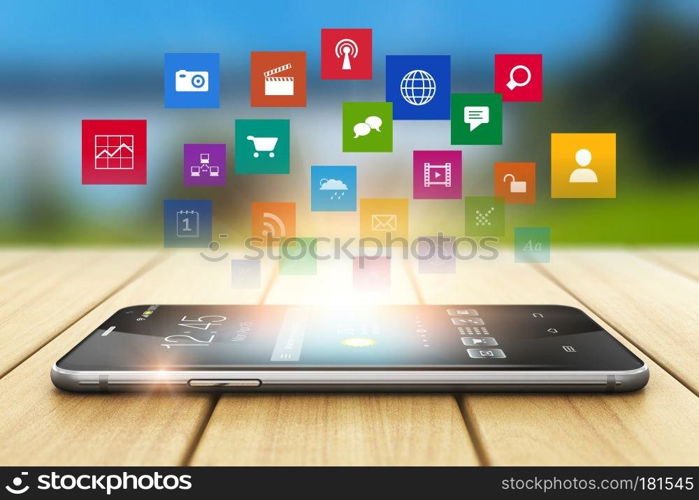 Creative abstract wireless media technology business communication internet web concept  3D render illustration of the modern black glossy touchscreen smartphone with group of color app or application software program icons on wooden plank table outdoors with selective focus bokeh blur effect
