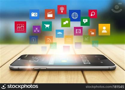 Creative abstract wireless media technology business communication internet web concept  3D render illustration of the modern black glossy touchscreen smartphone with group of color app or application software program icons on wooden plank table outdoors with selective focus bokeh blur effect