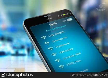Creative abstract wireless networking on mobile devices business communication technology concept  color 3D render illustration of modern black glossy touchscreen smartphone with list of WiFi network connections message on screen in the shopping mall or airport terminal with selective focus bokeh blur effect