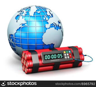 Creative abstract world war global threat military technology concept  blue metallic Earth globe planet and time bomb explosive dynamite with digital countdown timer clock isolated on white background