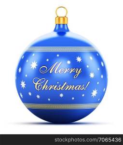 Creative abstract Xmas and New Year 2016 celebration concept: blue color shiny metallic glass Christmas ball with colorful star decoration ornament design and Merry Christmas greeting congratulation text isolated on white background