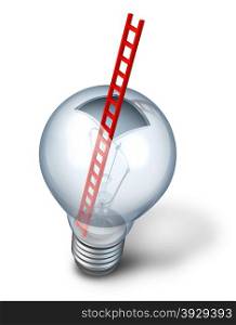 Creative access as an open glass light bulb with a red ladder inside as a metaphor for thinking outside the box and creative discovery with entry to the inner workings of innovative success strategy on a white background.