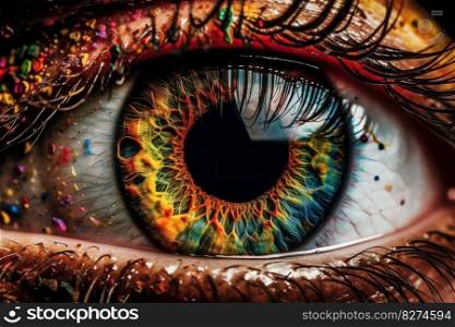 Creative and colorful eye makeup with abstract splash and design. Beautiful model showcasing her artistry and style. Ideal for cosmetic and fashion photography. AI Generative.