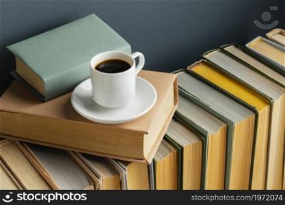 creative arrangement with different books coffee. High resolution photo. creative arrangement with different books coffee. High quality photo
