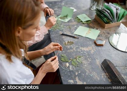 Creative artist making herbarium composition sitting at desk table. Focus on young hipster man looking at dry leaf. Manual craft work concept. Creative artist making herbarium composition sitting at desk