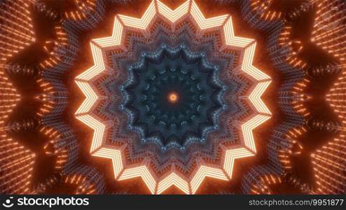 Creative bright 3D illustration of abstract background with glowing orange lines forming kaleidoscopic ornament. 3D illustration of abstract background